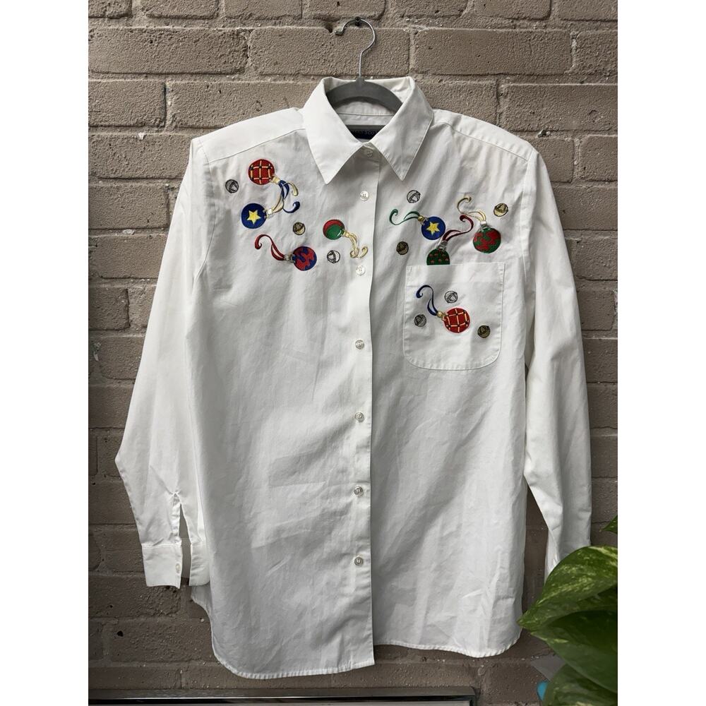 Vintage 90s Karen Scott Holiday Button Up Embroidered Shirt M/L Christmas White
